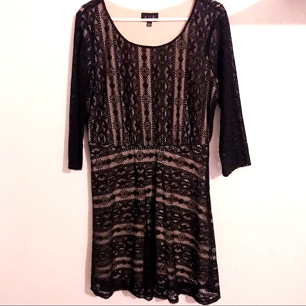 AUW Black Crochet Knit Dress w 3/4 Sleeves SZ L